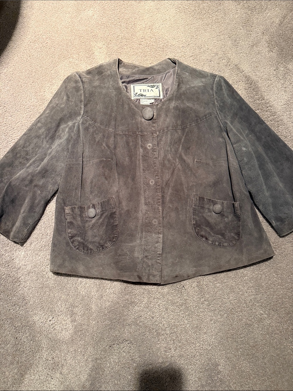 Suede Cropped Button-Front Jacket in Gray